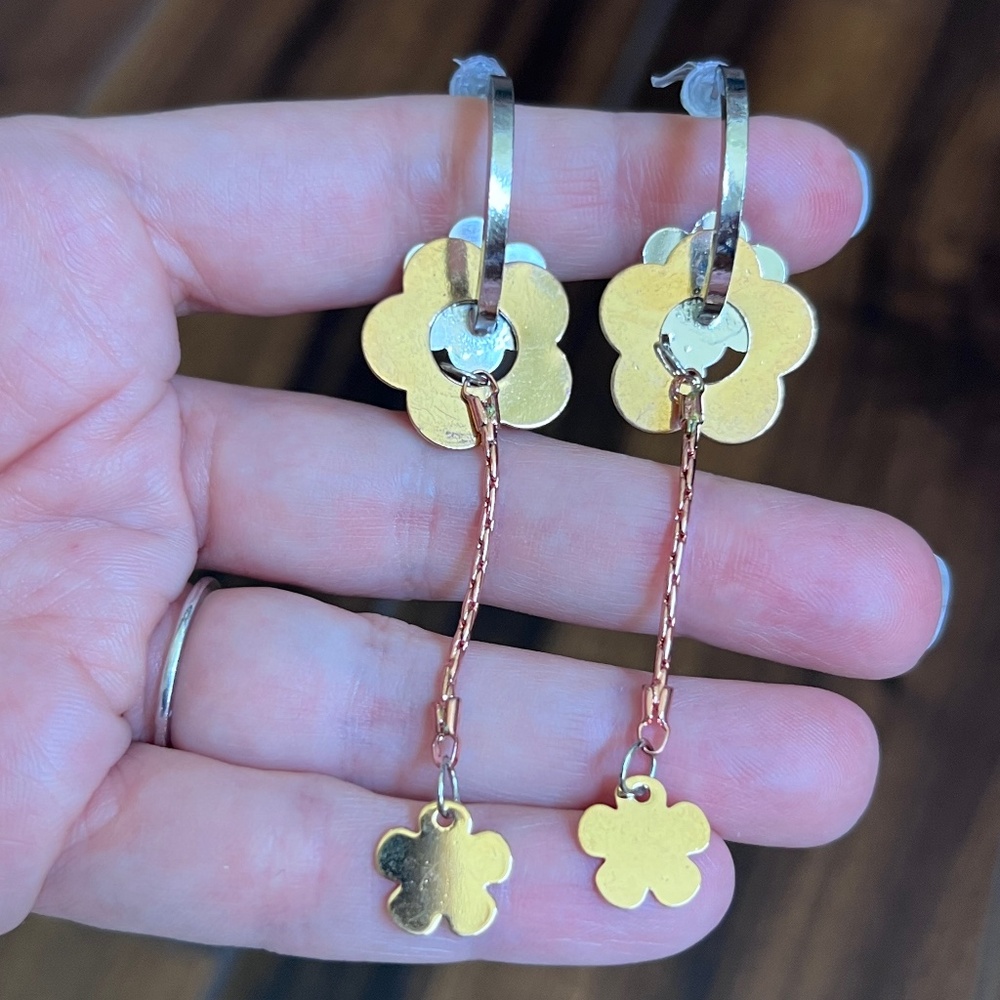 Tri-Color Funky Flower Half Hoop Dangle Earrings